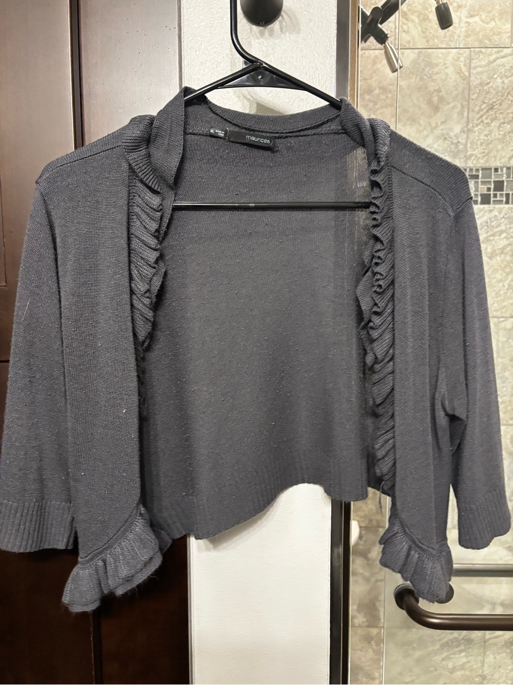 Maurices Charcoal Ruffle-Trim Cropped Open Cardigan